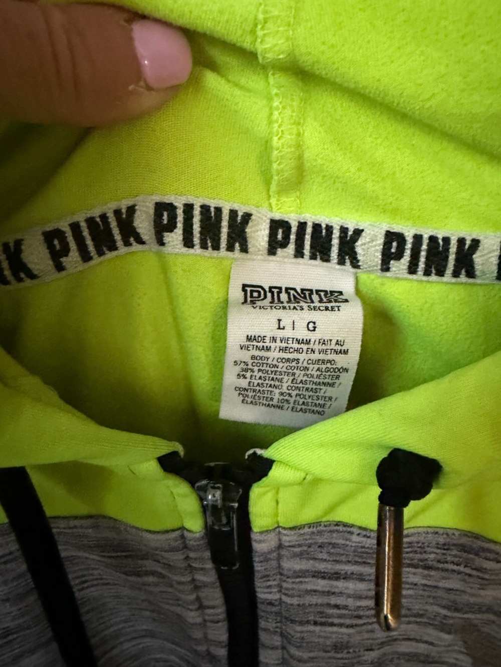 PINK Victoria's Secret Neon Yellow & Gray Zip Hoodie